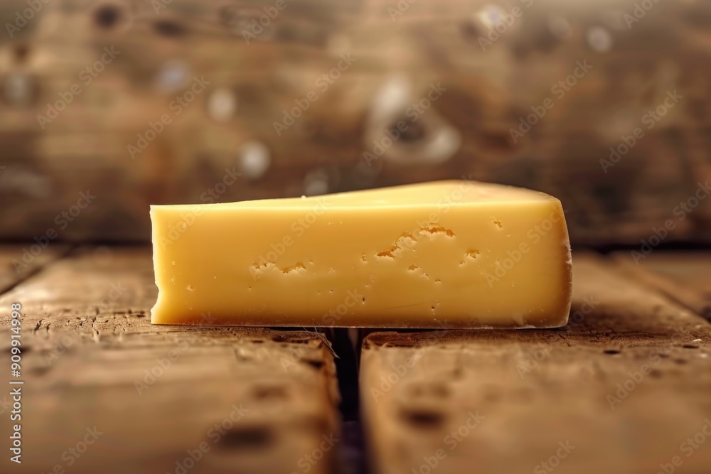 Wall mural A piece of cheese sits alone on a wooden table, perfect for a snack or decoration