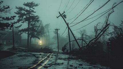 Electricity outage as consequences of natural disaster. Damaged power lines after hurricane wind broke tree limbs suburban area. AI generated illustration