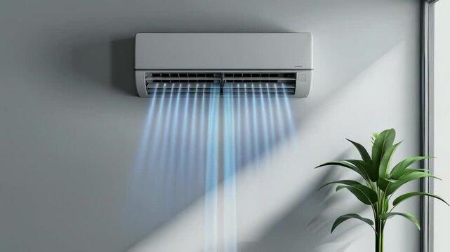 video of Split air conditioner mounted on the wall. Cooling unit in the room.