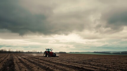 Fototapeta premium Farmer in tractor ploughing field on cloudy day : Generative AI