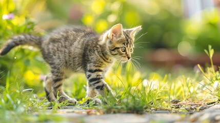 Obraz premium Cat on nature outdoors Funny kitten walking in the garden on a summer sunny day Horizontal banner : Generative AI
