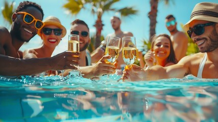 Diverse friends drinking white wine champagne at swimming pool party Vacation life style concept with happy guys and girls having fun together on summer day at fancy resort Warm brig : Generative AI