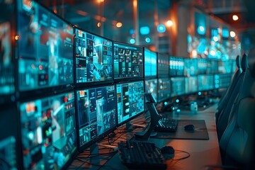 High-Tech Control Room with Multiple Monitors Displaying Data and Analytics