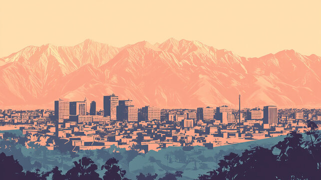 Risograph vintage riso print travel poster, card, wallpaper or banner illustration, modern, isolated, clear, simple of Kabul, Afghanistan. Artistic, screen printing, stencil