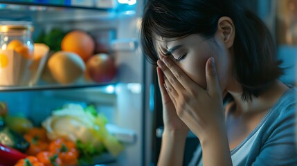Bad Food In Fridge young woman in holding her nose because of bad smell from food in refrigerator at home : Generative AI