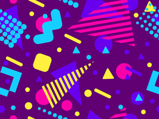 Geometric seamless pattern with memphis elements in 80s style. Colorful geometric pattern. Design of promotional products, wrapping paper and printing. Vector illustration