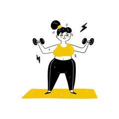 A fat girl in a tracksuit is doing sports. A female character does sports, pumps muscles, lifts dumbbells and dreams of losing weight. Vector illustration hand-drawn in sketch style, doodle on an isol