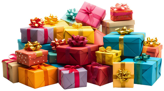 Pile of cardboard boxes with ribbons isolated. Birthday surprise present package, xmas Christmas holiday container stack, happy new year, merry, shopping, festive, anniversary