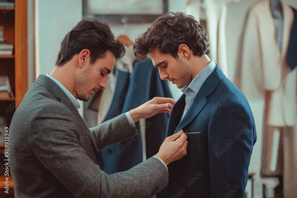 Sticker Two young men trying on a suit in a store. Men's fashion.