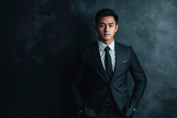 Fototapeta premium Portrait of a handsome man in suit on black background