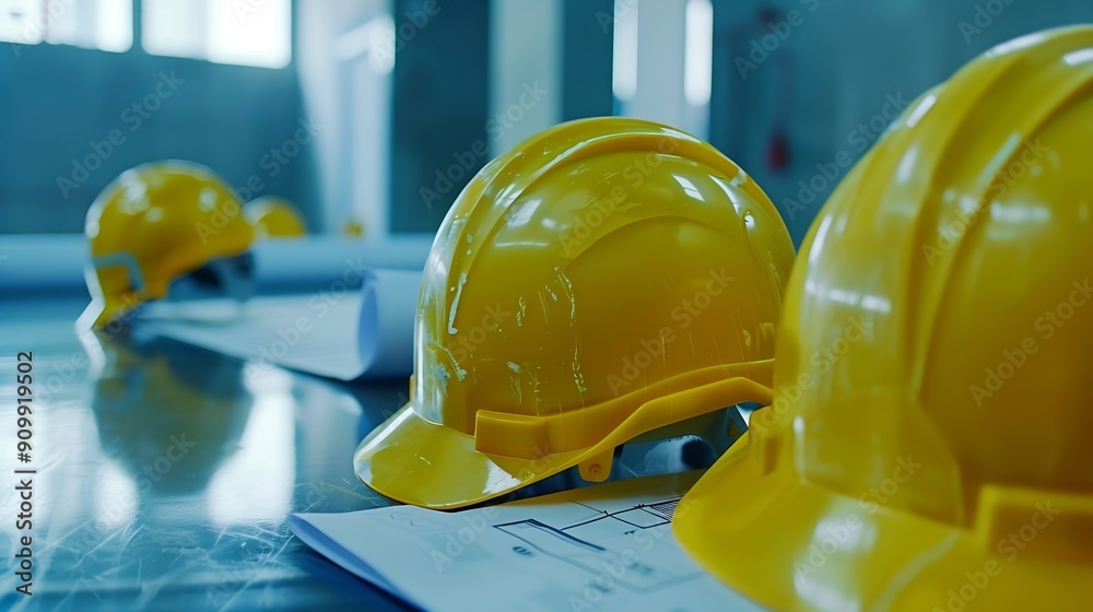 Poster A group of construction workers are wearing yellow hard hats The hats are placed on a table next to a blueprint : Generative AI