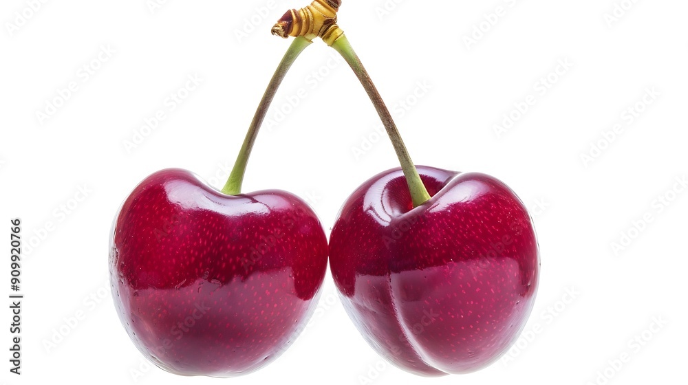Poster isolated cherries two heart shaped sweet cherries on one stem isolated on white background : generat