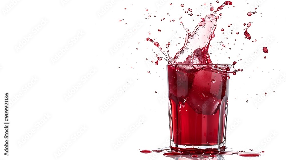 Poster glass of red juice splash isolated on white background : generative ai