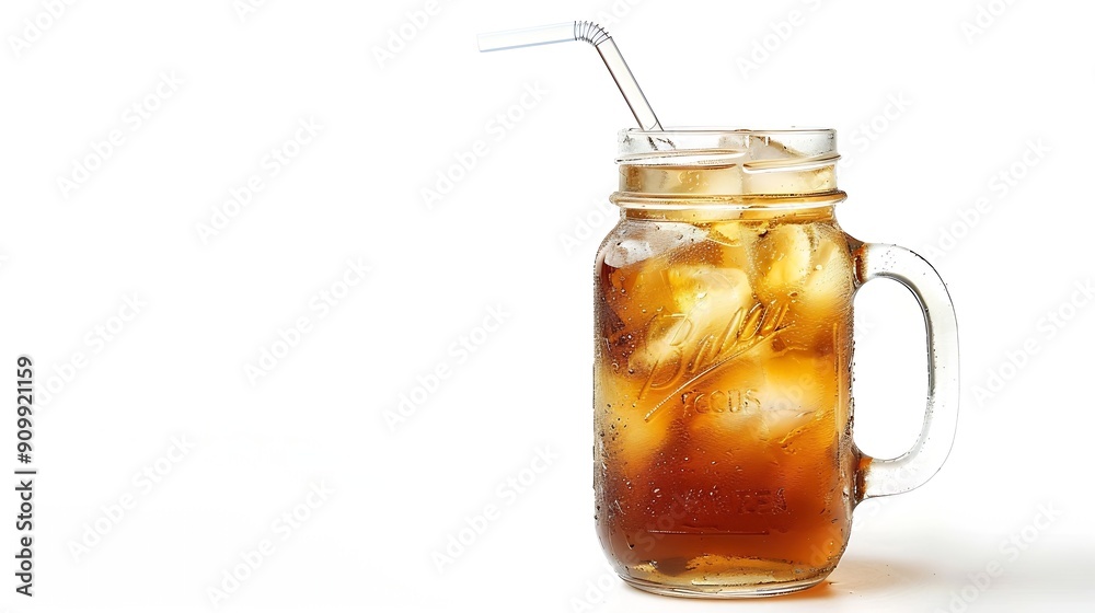 Poster mason jar glass of iced tea with straw isolated on a white background : generative ai