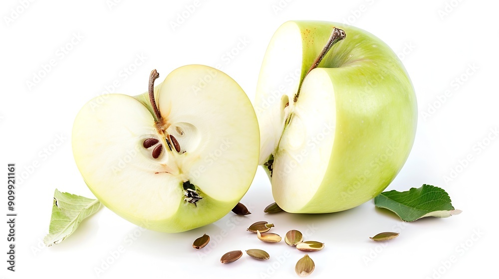 Aufkleber Green apple half with seeds isolated on white background Half of green apple fruit with clipping path Full Depth of Field : Generative AI