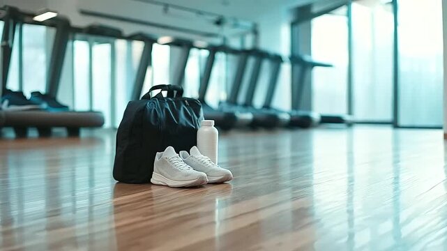 Closeup of Black Sport Bag, Shoes or Sneakers, and Protein Shake or Water Bottles on Gym Floor - Indoor Workout Club Equipment and Accessories, Recreational and Sporty Activity