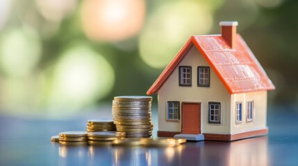 Small toy house near stack of coins on blurred background. Concept of investment, savings, buying and selling real estate, own your dream house with space for text. real estate agency. Mortgage.