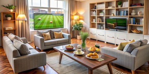 Cozy living room scene with TV broadcasting a live football match, empty armchairs and snacks on the coffee table, waiting for the family duo to settle in.