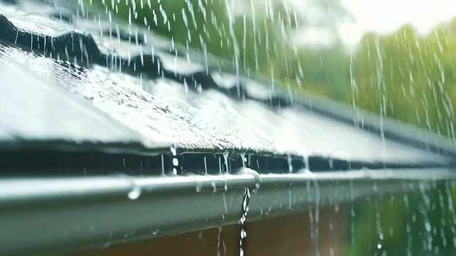 Closeup of Rain Falling on Aluminum Gutter on House Roof Shingles - Water Drainage in Action 