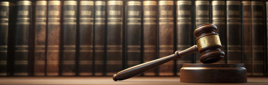 wooden gavel on top of book shelf, behind it is an entire wall with law books. Judge and judgement concept banner