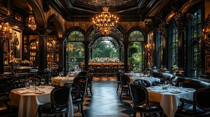 Naklejka premium Interior of a luxury restaurant. 3d rendering. Computer digital drawing.