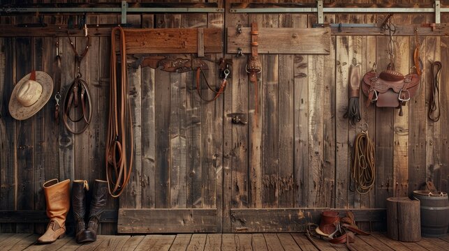 Rustic Equestrian Charm Vintage Barnwood Backdrop with Saddles Bridles and Riding Boots Perfect for Horse Farming and Country Lifestyle Themes