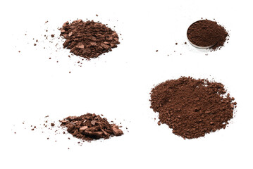 Makeup cosmetics. Eyeshadow in brown color crushed palette, colorful eye shadow powder isolated.