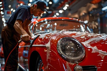 A Passionate Detailer Polishing a Classic Red Sports Car