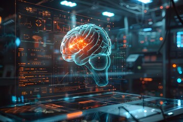 Futuristic Visualization of a Brain with Data Interfaces in a High-Tech Environment