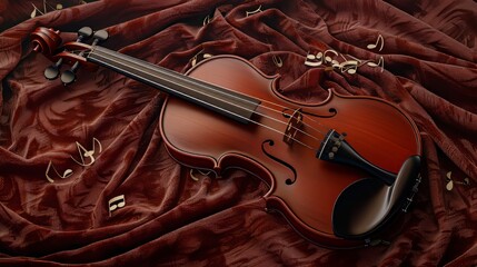 Obraz premium Melodic Elegance Cherry Wood Violin on Velvet with Scattered Music Notes Perfect for Classical Music and Artistic Expression Themes