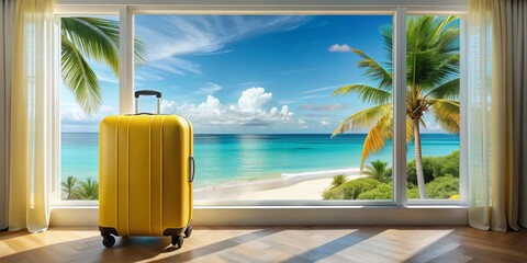 Fototapeta premium Elegant yellow suitcase sits on luxurious hotel room window ledge overlooking serene beachscape with turquoise ocean, palm trees, and powdery white sand dunes.