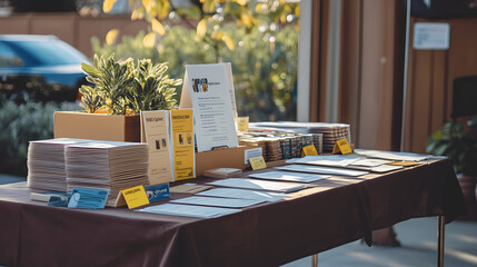 Neatly arranged table with pamphlets, badges, and sign-up sheets for grassroots activism event against neutral backdrop