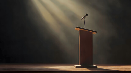 Side view of podium with microphone spotlighted on empty stage symbolizing political debate