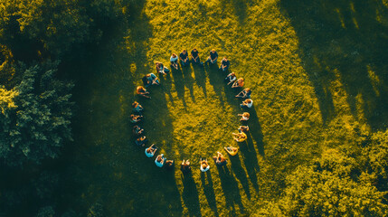 Small gathering of people sitting in circle on grassy field engaged in community organizing with clear sky backdrop