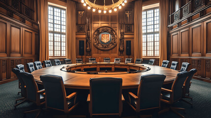 Interior shot of parliamentary meeting room with round table and elegant chairs, minimalist design
