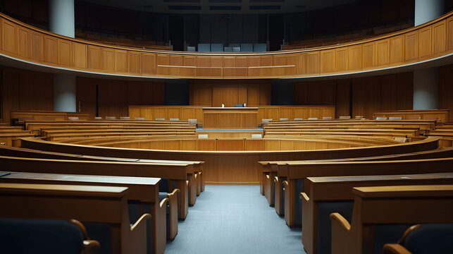 Interior shot of empty parliamentary chamber with wooden seats and central podium
