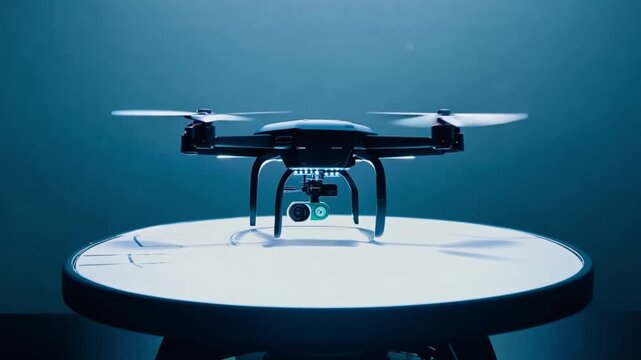 This drone is poised on a platform, ready for takeoff in low light conditions.