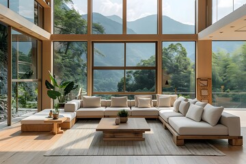 Fototapeta premium Serene Modern Living Room with Mountain Views and Abundant Natural Light