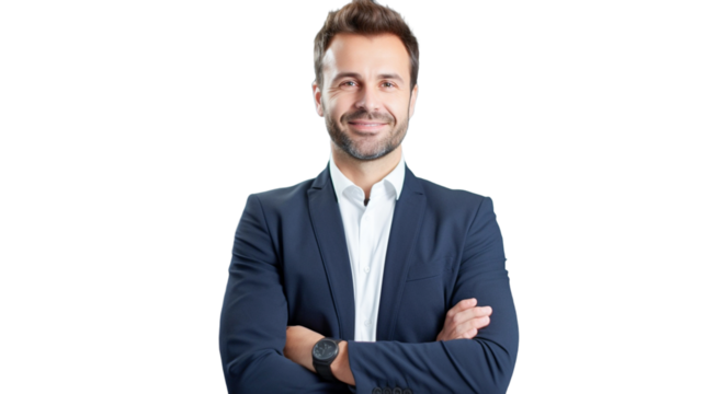 Confident smiling successful businessman in suit, standing arms crossed, isolated on transparent background.