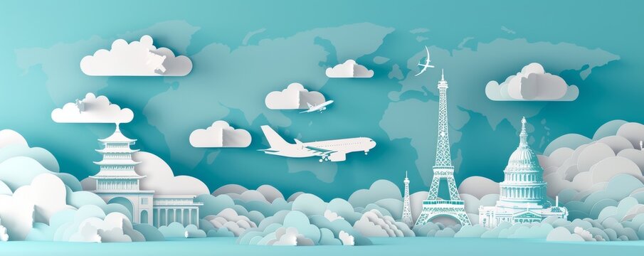 Paper cutout illustration of famous landmarks and an airplane against a global backdrop