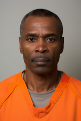 Obraz premium Prison mugshot of middle aged African American man in orange jumpsuit