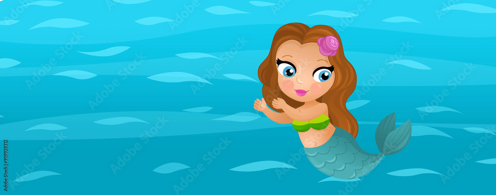 Wall mural cartoon ocean and the mermaid in underwater kingdom swimming diving illustration for kids