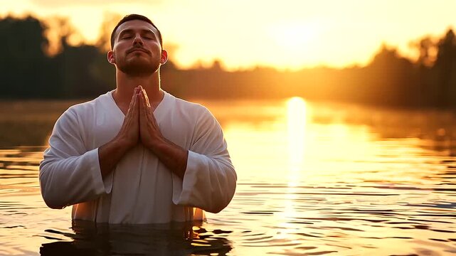 Young Man Wearing White Robe Standing in River After Baptism - Praying with Clasped Hands and Closed Eyes, Looking Up to Sky at Sunset, Christian Religious Ritual