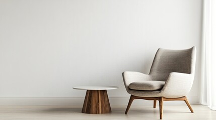 Obraz premium A stylish cozy armchair paired with a simple coffee table, presented on a white background to emphasize their modern design