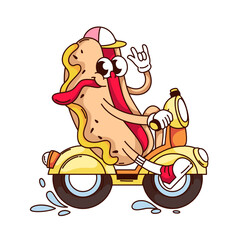 Groovy hotdog cartoon character riding scooter with rock band gesture. Funny retro hot dog with tongue hanging out, BBQ food mascot, cartoon funky hotdog sticker of 70s 80s style vector illustration © Victoria Sergeeva