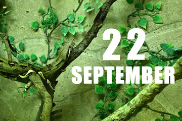Calendar date on light green background with snake crawling on tree branch. September 22 is the twenty-second day of the month
