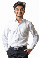 Fototapeta premium A young man smiling confidently, wearing a white dress shirt and black trousers. He has a stylish hairstyle and stands with his hands in his pockets against a plain white background.