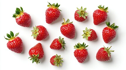 Aerial view of fresh red strawberries, isolated on a white background, emphasizing their natural,...