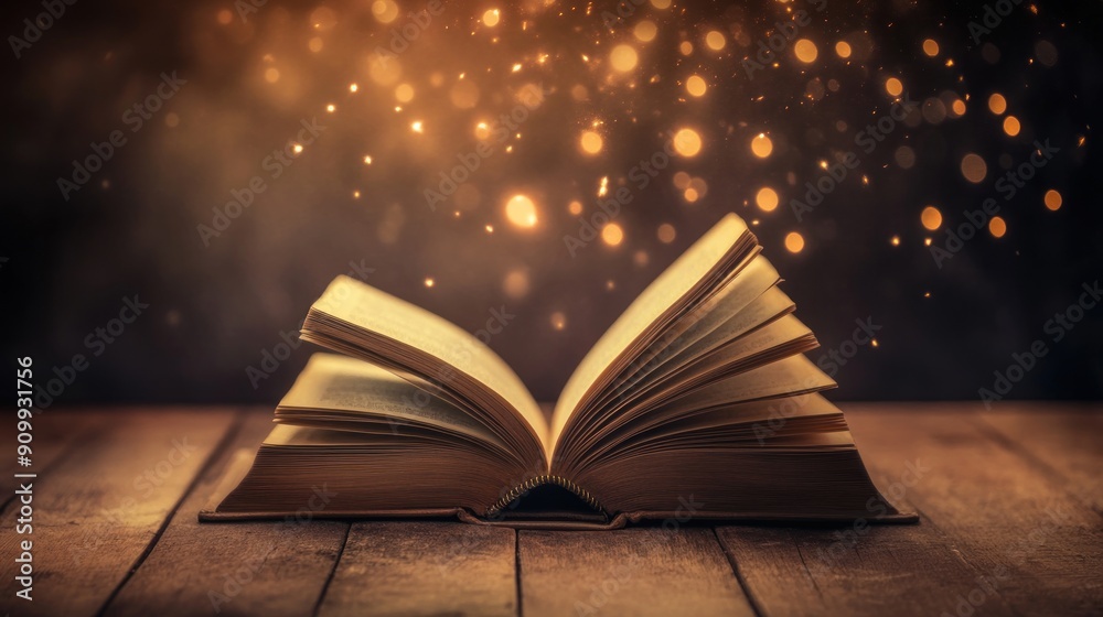 Poster open book on wooden surface with golden bokeh