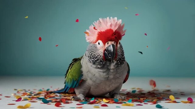 Cute bird parrot on a colored background, birthday